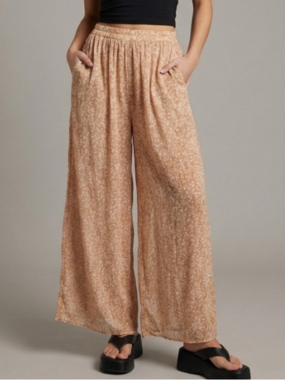 Soji tan and cream ditsy floral crinkle sheer pants